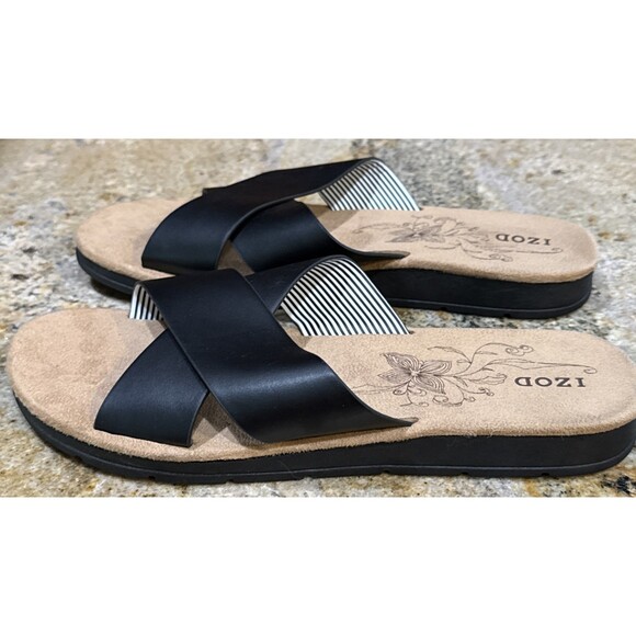 IZOD Sandals Womens 10  Alyssa Faux Leather Criss Cross Strap Slide Black - Picture 5 of 8